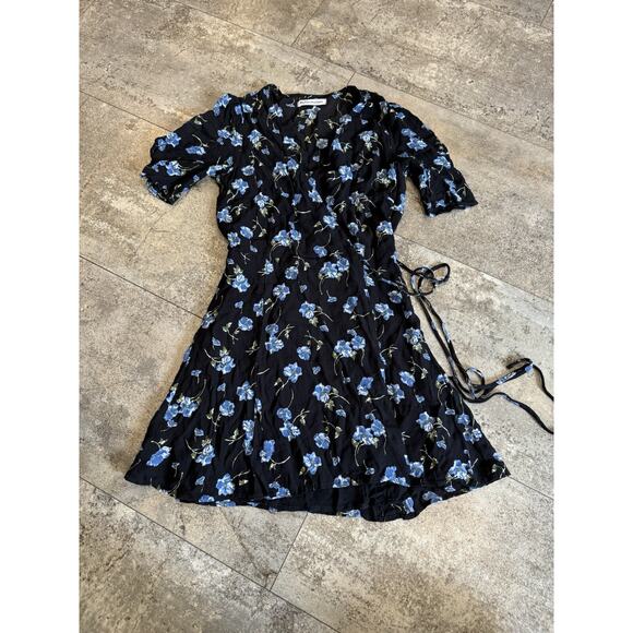 Reformation Mini Lucky Dress September Floral Wrap Black Blue Small Y2K Short - Picture 1 of 8